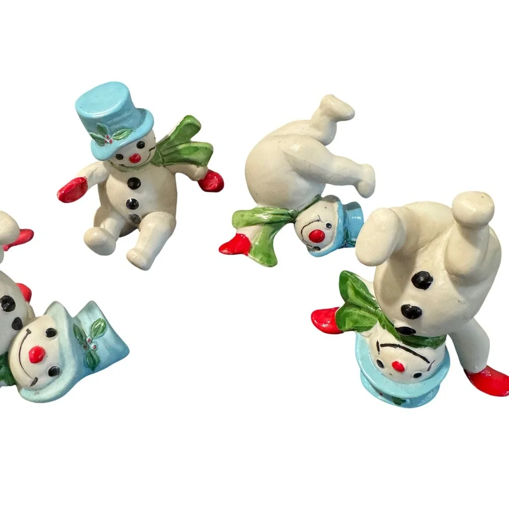 Set of 5 Vintage Fitz and Floyd Ceramic Tumbling Snowmen Figurines Vintage
